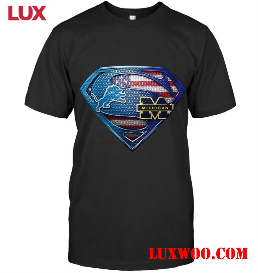 Nfl Detroit Lions And Michigan Wolverines Superman American Flag Layer Shirt 