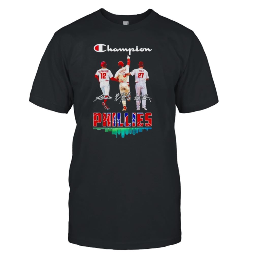 Limited Editon Kyle Schwarber Bryce Harper And Aaron Nola Champion Philadelphia Phillies Signature Shirt 