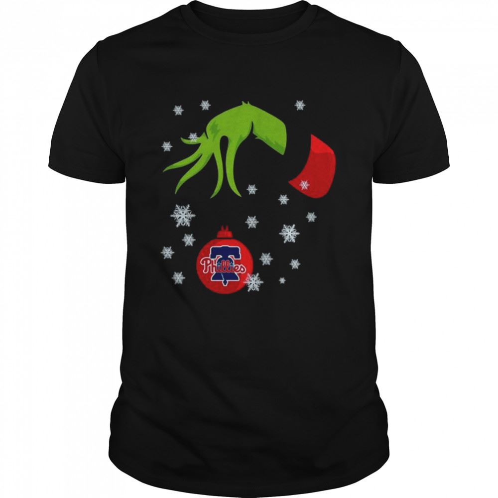 Attractive Grinch Hand Holding Philadelphia Phillies Snowflake Christmas 2022 Shirt 