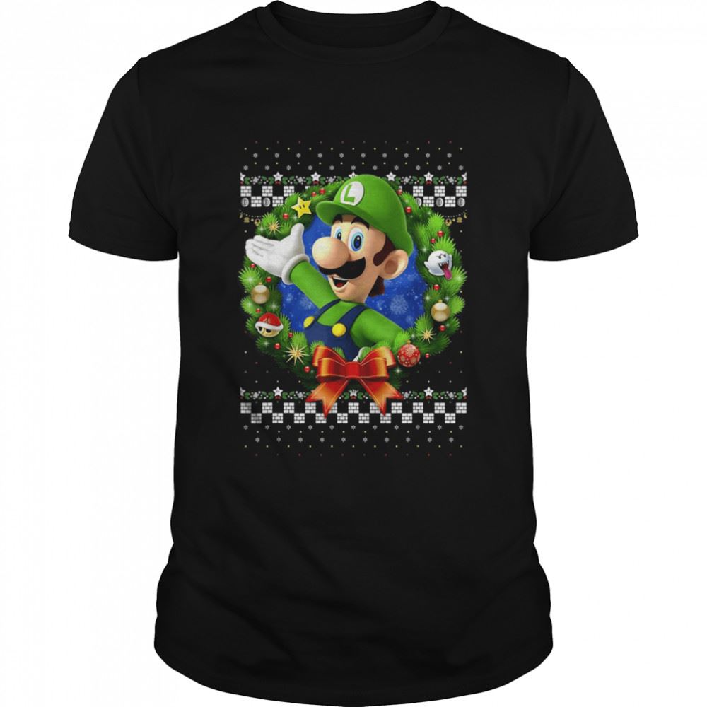Awesome Super Mario 3d Luigi Christmas Wreath Graphic Shirt 