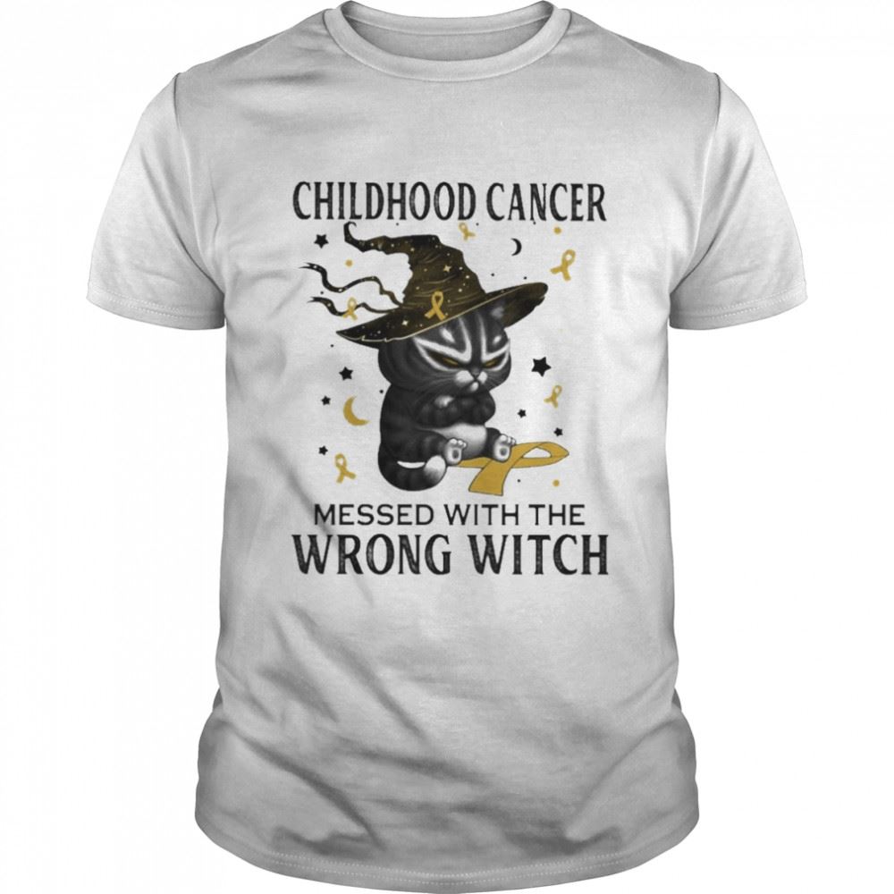 Happy Black Cat Childhood Cancer Messed With The Wrong Witch Halloween Shirt 