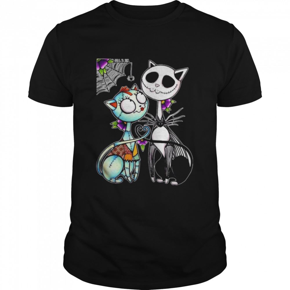 Great Cat Jack Skellington And Sally Skull Art Happy Halloween Shirt 