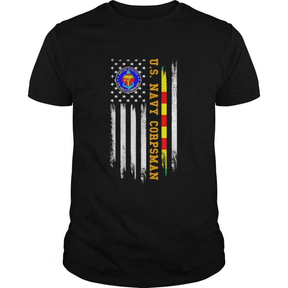 Limited Editon Vintage American Flag Proud Us Navy Corpsman Vietnam Veteran Shirt 