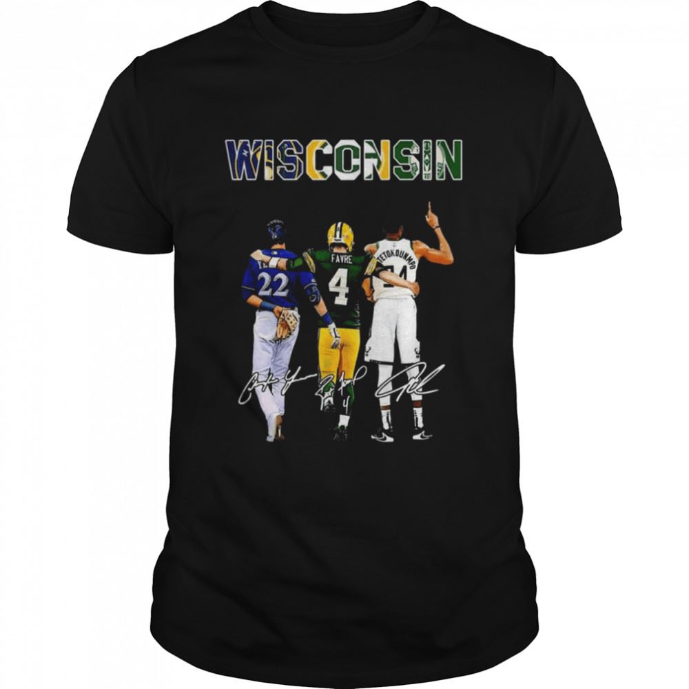 Special Wisconsin Team Sport Christian Yelich And Brett Favre And Antetokounmpo Signatures Shirt 