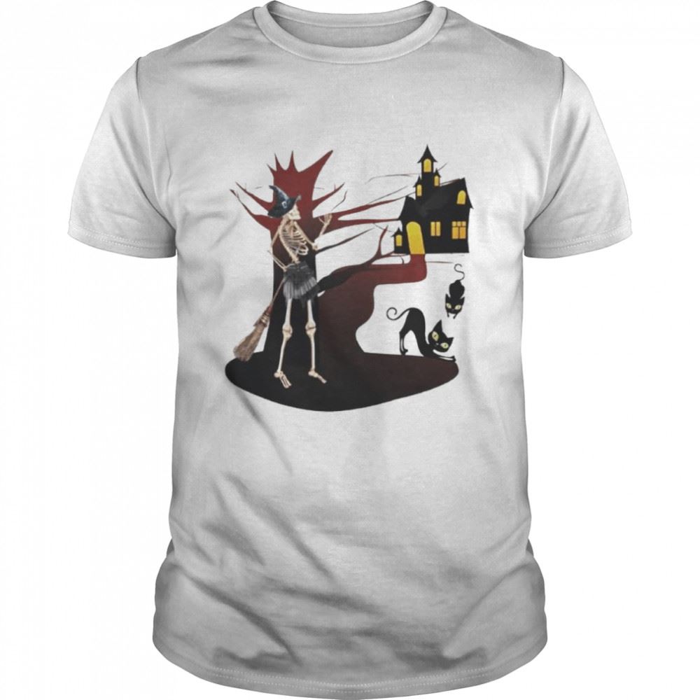 Attractive Skeleton Witch Halloween Black Cat In Spooky Shirt 