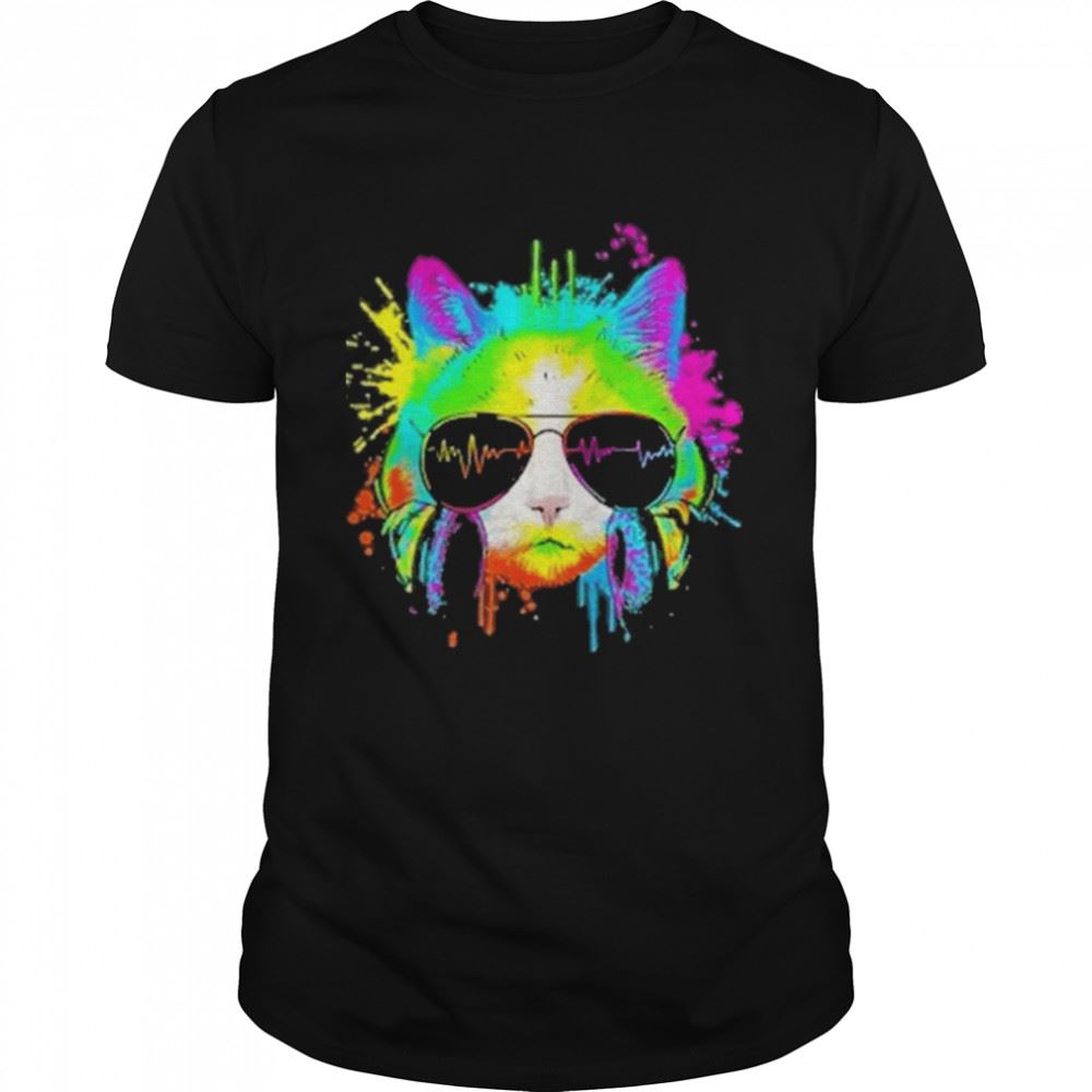 Attractive Kitty Colorful Rainbow Rave Music Dj Party Cat Shirt 