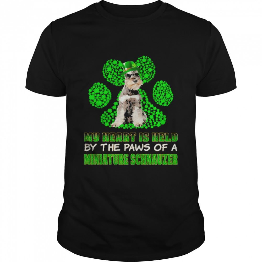 Promotions St Patricks Day My Heart Is Held By The Paws Of A Grey Miniature Schnauzer Shirt 