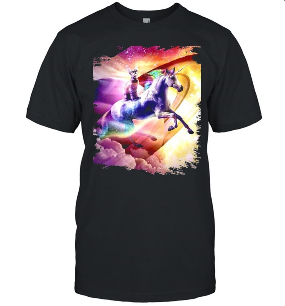 Awesome Rainbow Galaxy Cat Riding Unicorn In Space T-shirt 