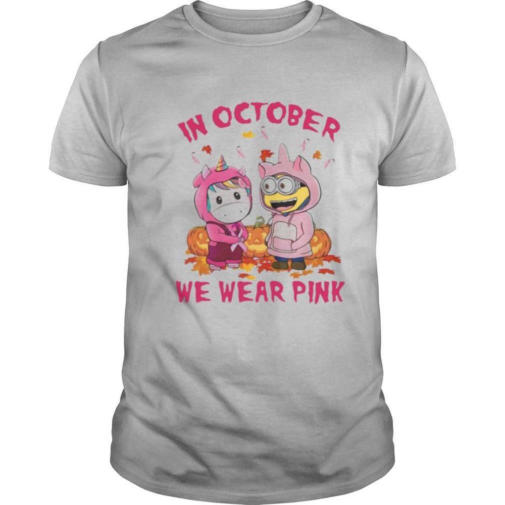 Awesome Unicorn And Minions Pumpkin In October We Wear Pink Halloween Shirt 