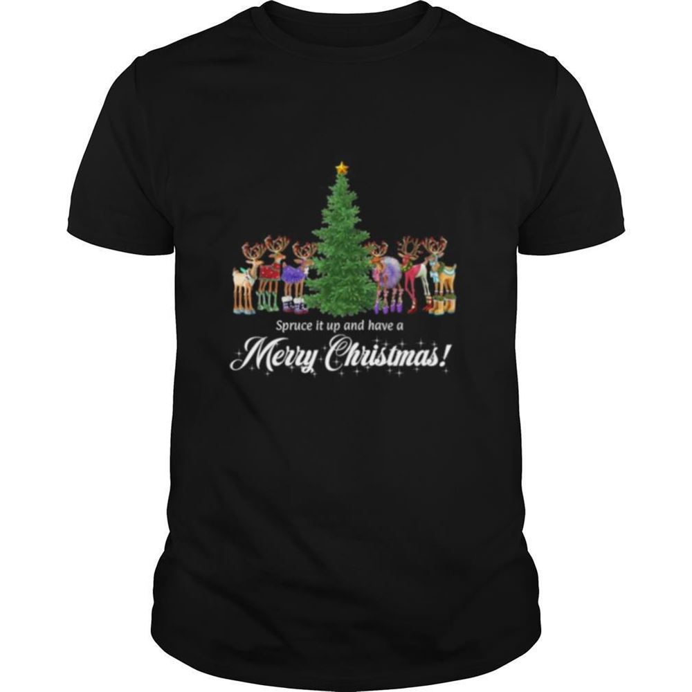 High Quality Whimsical Reindeer Spruce Tree Merry Christmas Shirt 