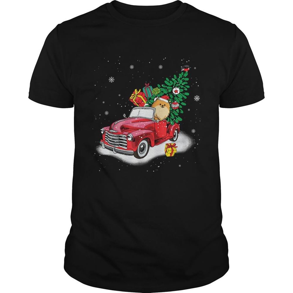 Happy Pomeranian Rides Red Truck Christmas Tree Xmas Gifts Tshirt 