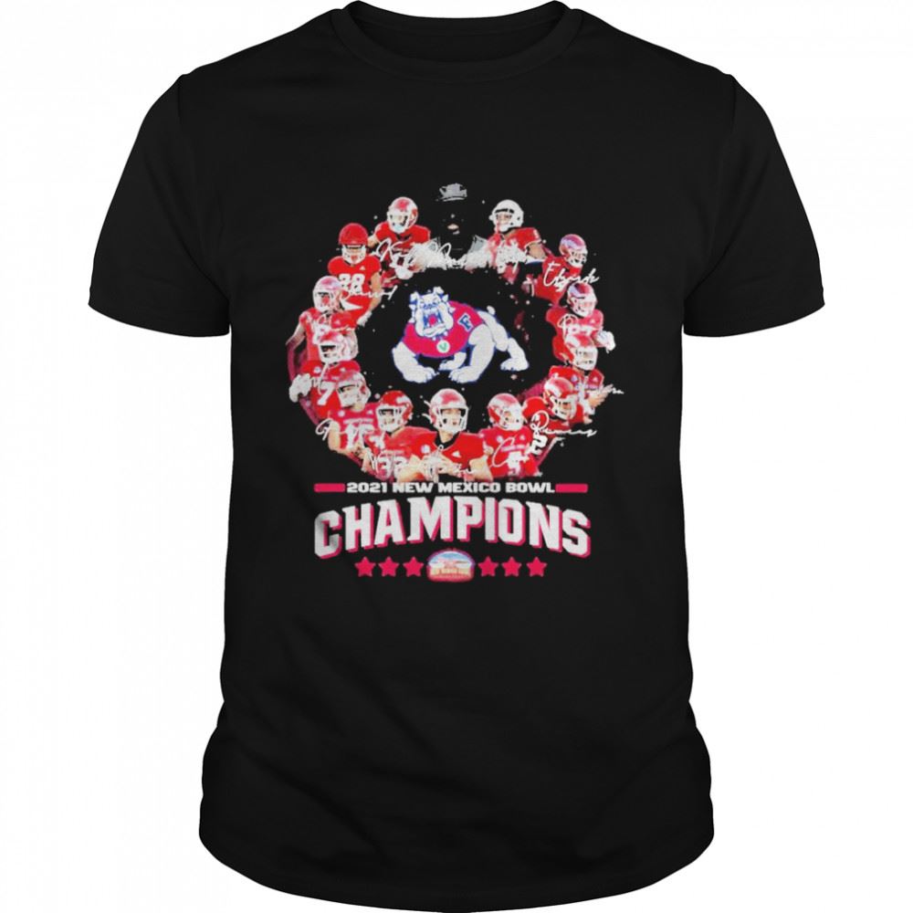 High Quality Fresno State Bulldogs Football Team 2021 New Mexico Bowl Champions Signatures Shirt 