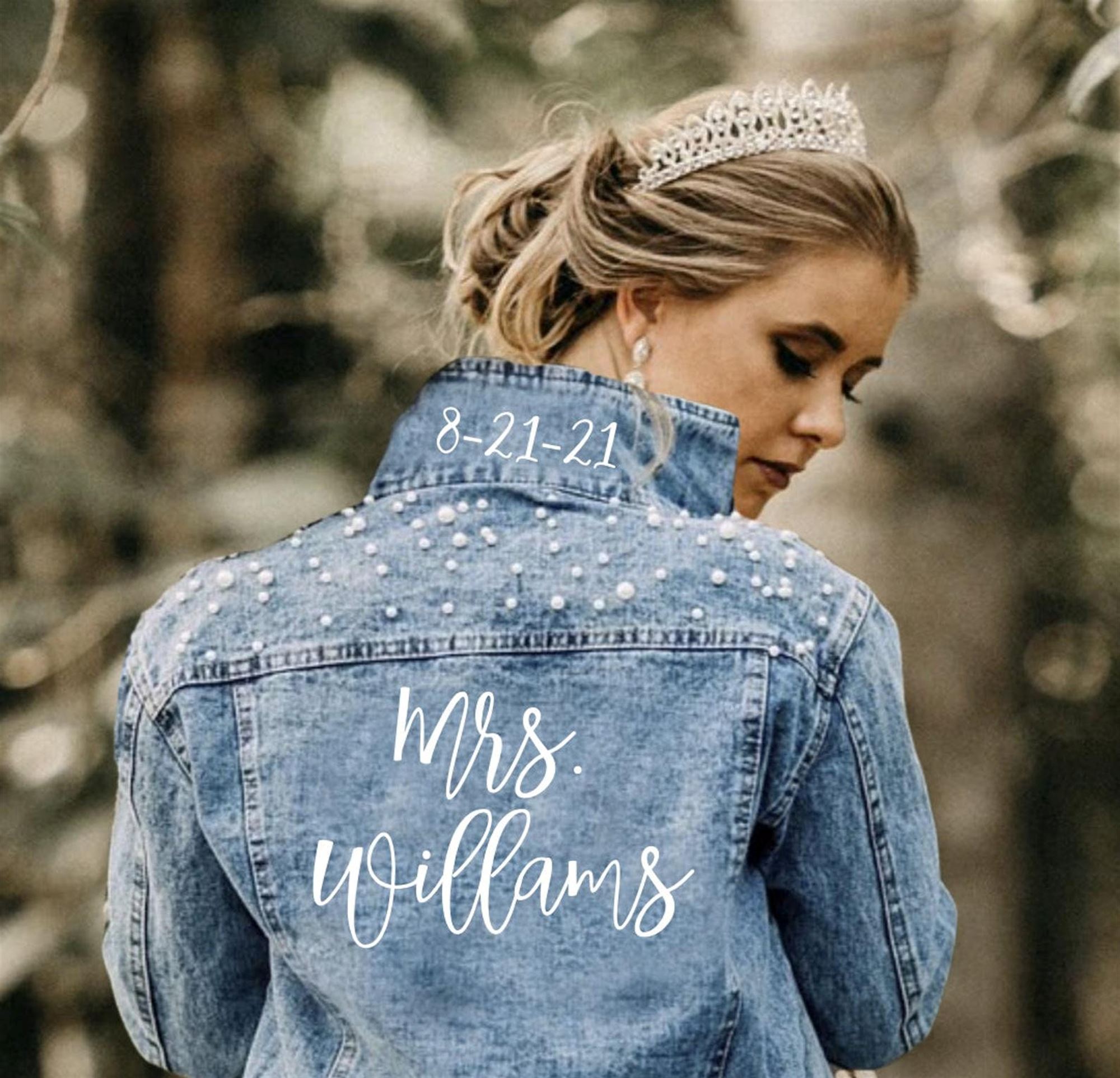Happy Bridesmaid Gift Bride Pearl Jean Jacket Bridal Party Shower Favor Wedding Party Favors Engagement Party Gift Custom Mrs Bride Gift 