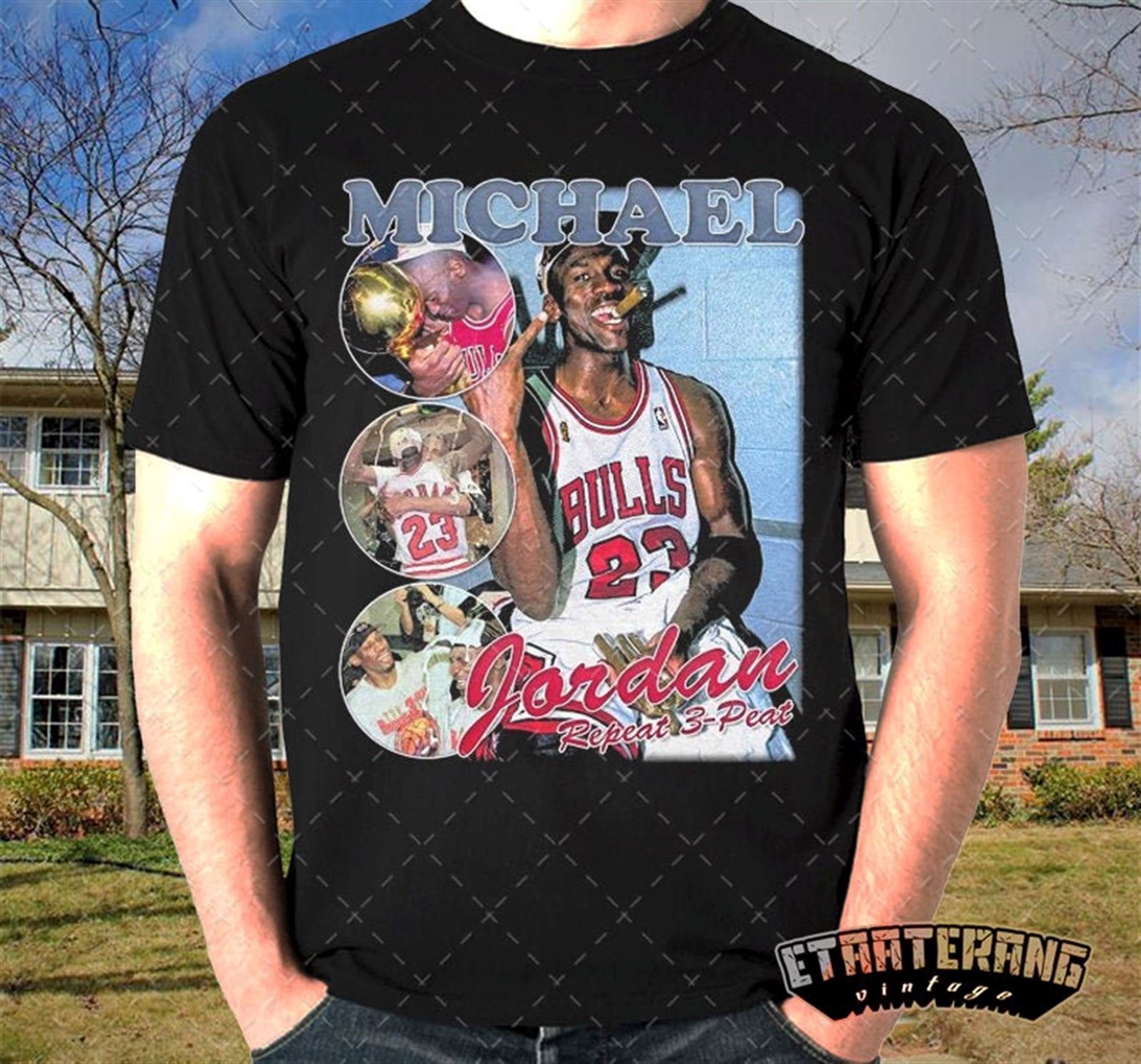 High Quality Michael Jordan Three Peat Shirt Bootleg Rap Tee Short-sleeve Unisex Vinta 