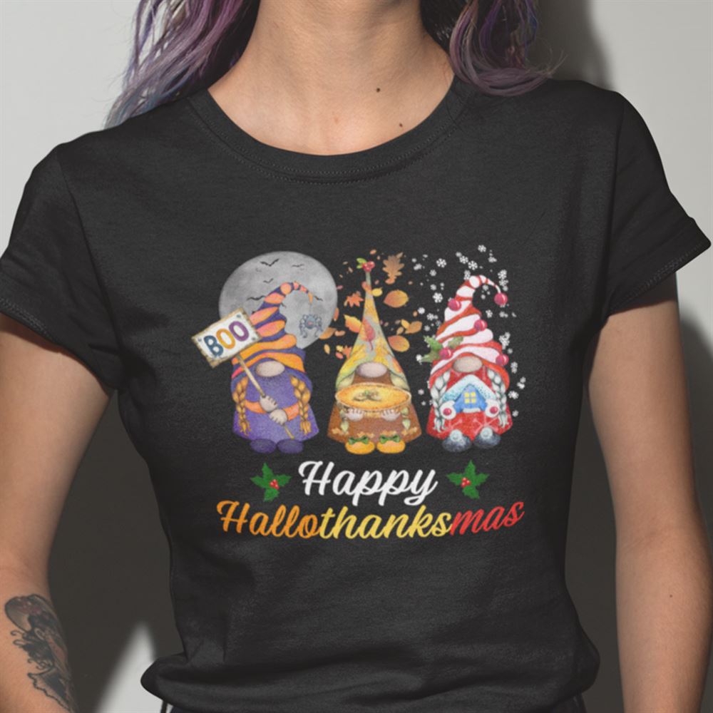 Awesome Happy Hallothanksmas Gnome Shirt Happy Halloween Thanksgiving Christmas 