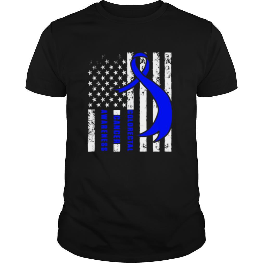 Promotions Colorectal Cancer Awareness American Flag Blue Ribbon Shirt 
