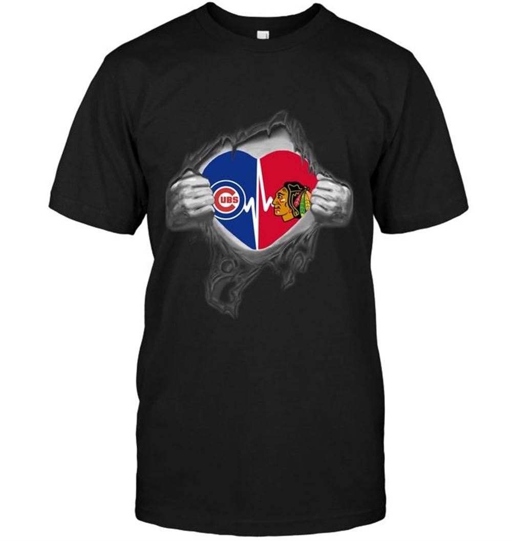 Gifts Mlb Chicago Cubs Chicago Blackhawks Love Heartbeat Ripped Shirt 