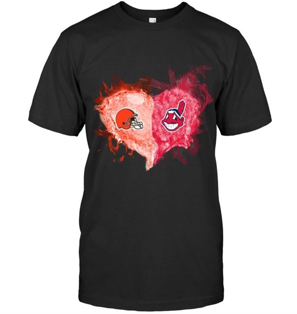 High Quality Mlb Cleveland Indians Cleveland Browns And Cleveland Indians Flaming Heart Fan T Shirt 