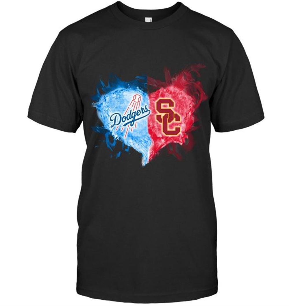Amazing Mlb Los Angeles Dodgers And Usc Trojans Flaming Heart Fan T Shirt 