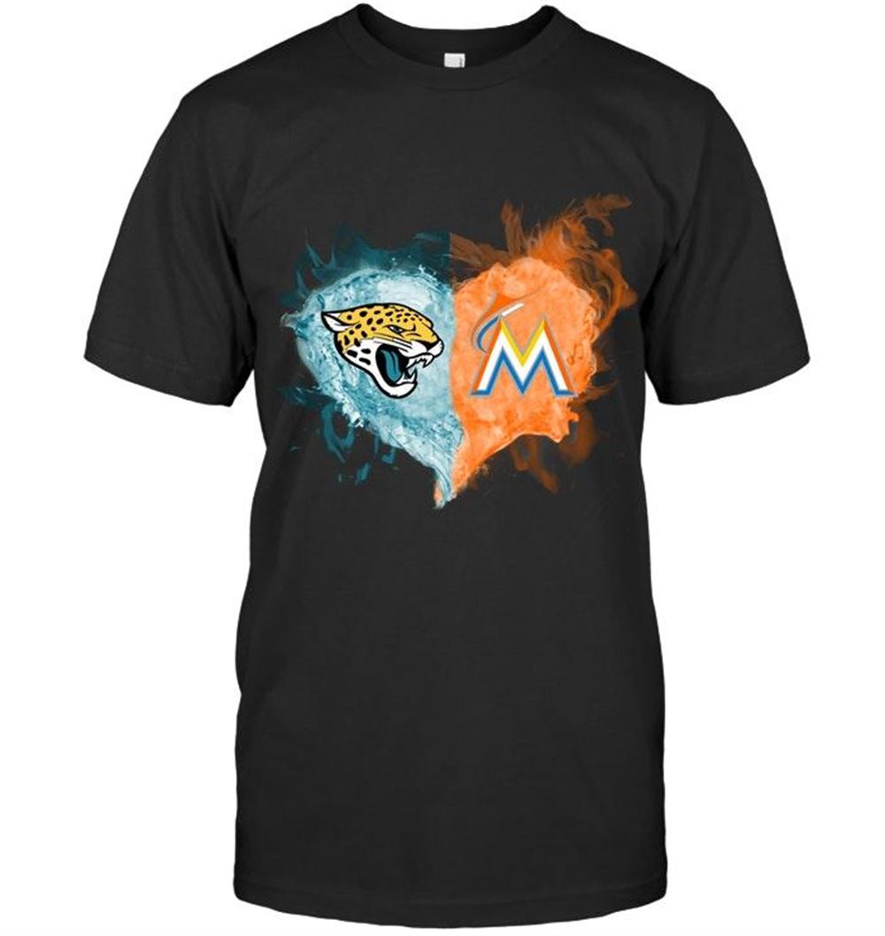 High Quality Mlb Miami Marlins Jacksonville Jaguars And Miami Marlins Flaming Heart Fan T Shirt 