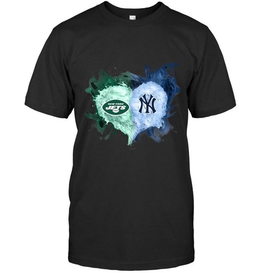 High Quality Mlb New York Yankees New York Jets And New York Yankees Flaming Heart Fan T Shirt 