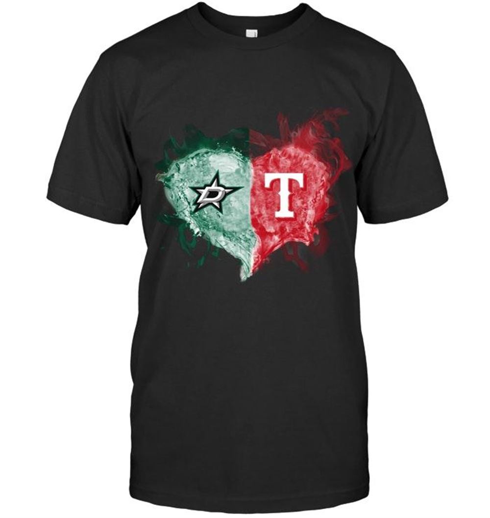 Gifts Mlb Texas Rangers Dallas Stars And Texas Rangers Flaming Heart Fan T Shirt 