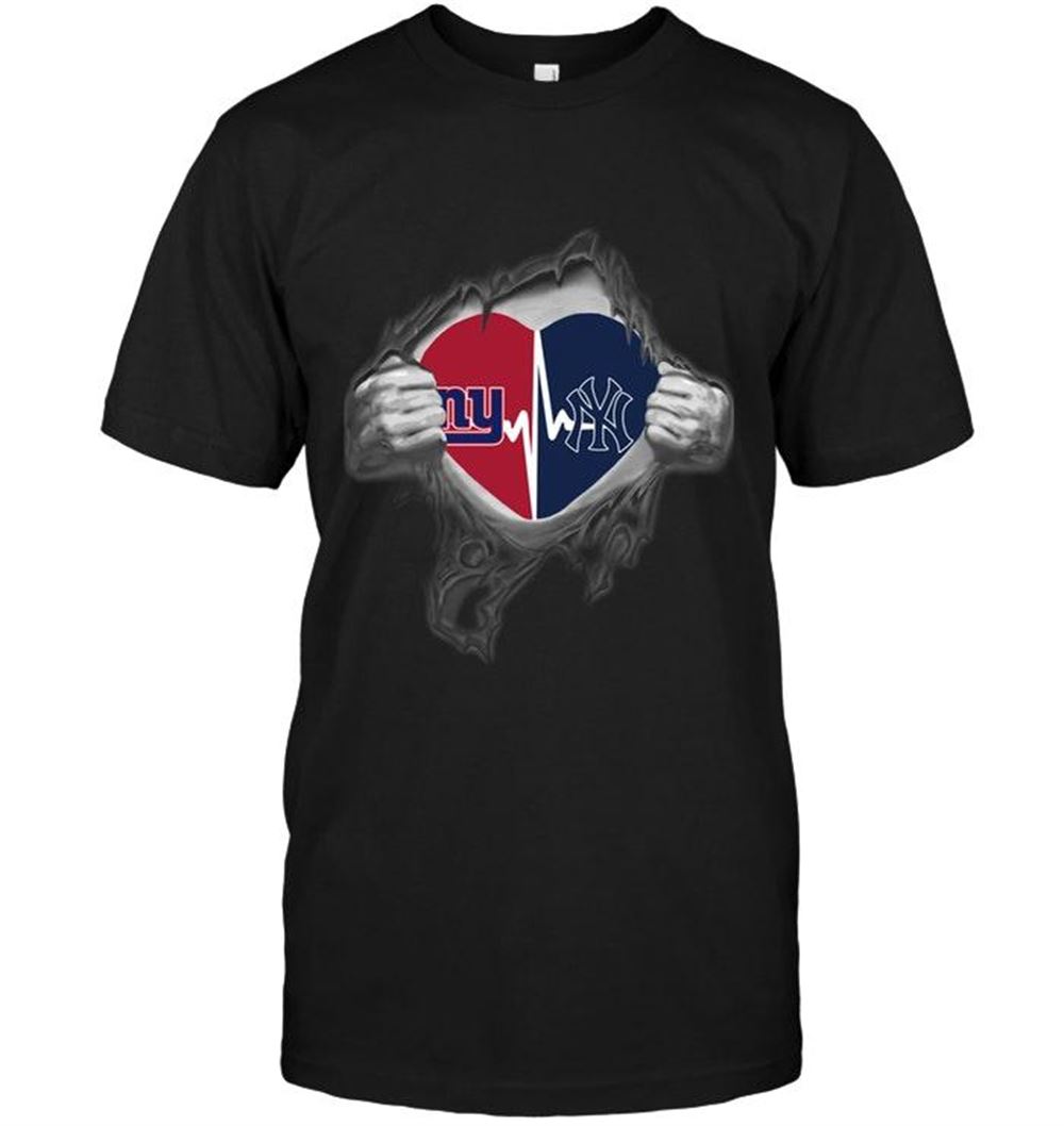 Amazing Nfl New York Giants New York Yankees Love Heartbeat Ripped Shirt Black 