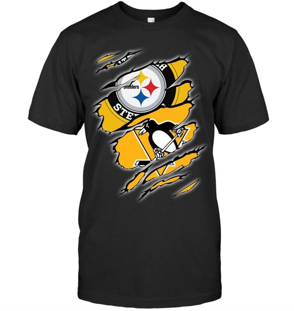 Awesome Nfl Pittsburgh Steelers And Pittsburgh Penguins Layer Under Ripped Shirt Black 