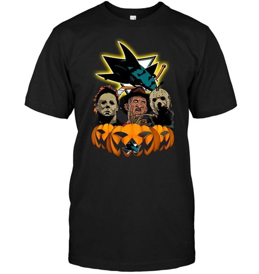 Awesome Nhl San Jose Sharks Halloween Michael Myers Freddy Krueger Jason Pumpkin Shirt 