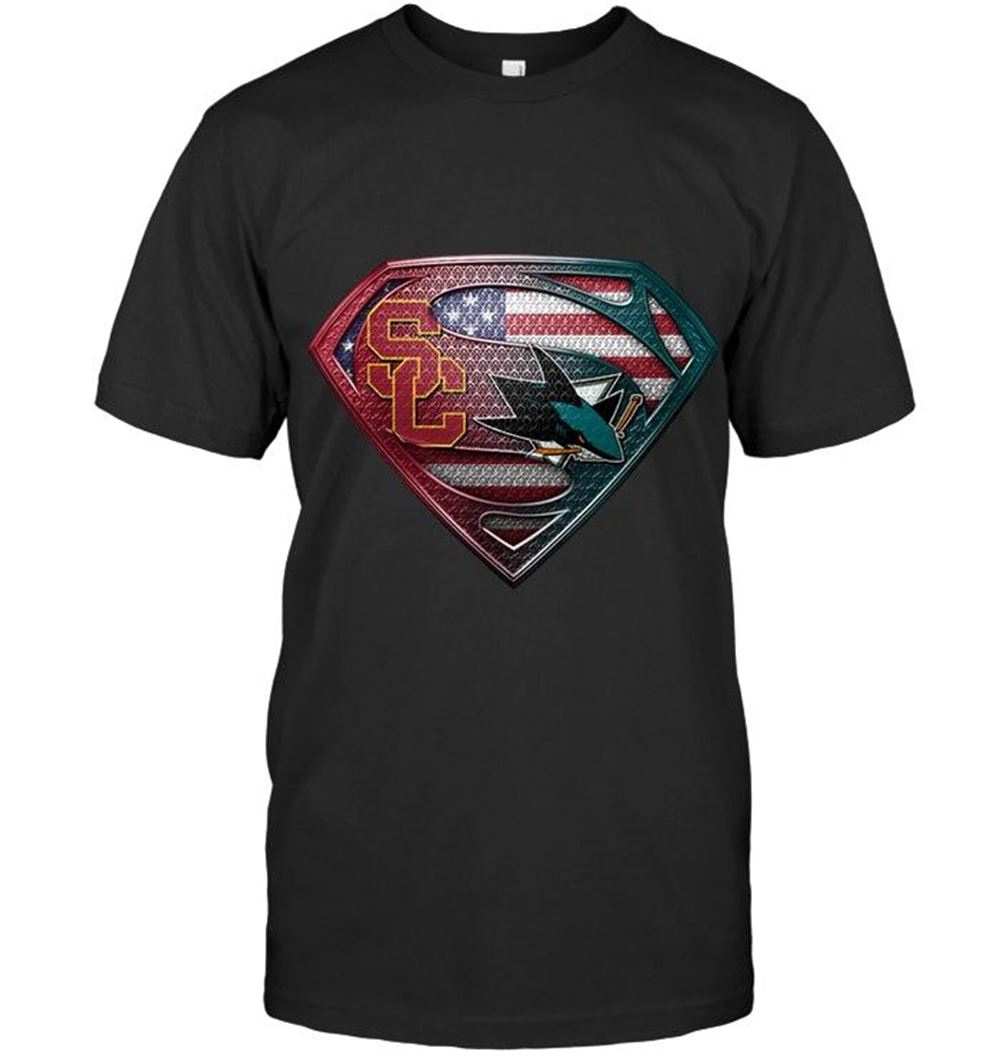 High Quality Nhl San Jose Sharks Usc Trojans And San Jose Sharks Superman American Flag Layer Shirt 
